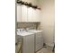 Convenient laundry room featuring white cabinets, modern washer and dryer at 12126 Homestead Park Ln, Orlando, FL 32824