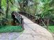 A rustic wooden bridge spanning a tranquil stream, enveloped by lush greenery at 136 Raintree Dr, Longwood, FL 32779