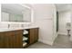 A bathroom featuring a double vanity with wood cabinets, a large mirror, and a walk-in closet at 14501 Grove Resort Ave # 2522, Winter Garden, FL 34787