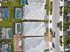 Aerial view of homes with screened-in pools and gray roofs in a planned community at 2626 Calistoga Ave, Kissimmee, FL 34741