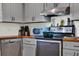 Close-up of the kitchen appliances, including a microwave, stove, and dishwasher with gray cabinetry at 30 Cornwall Ct, Casselberry, FL 32707