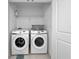 Convenient laundry room equipped with modern Samsung washer and dryer and upper shelf for storage at 532 Madison Dr, Davenport, FL 33837