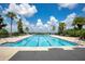 Clear blue swimming pool with marked lanes, palm trees, and a beautiful sky backdrop at 200 Snowy Orchid Way, Lake Alfred, FL 33850