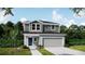 Charming two-story home with gray accents, a two-car garage, and a well-manicured lawn at 3860 Bluethread Way, Kissimmee, FL 34759