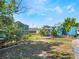 Spacious backyard with a lush lawn, tropical foliage, and inviting seating area between vibrant blue homes at 434 E Harding St, Orlando, FL 32806