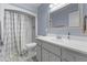 Updated bathroom featuring a shower, toilet, white vanity, gray cabinets, and neutral paint at 53 Fore Dr, New Smyrna Beach, FL 32168