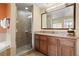 The bathroom has a stand up shower, granite counters, and wooden cabinets for storage at 12521 Floridays Resort Dr # 307F, Orlando, FL 32821