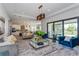 Open-concept living area with view to a kitchen and sliding doors to the pool at 15724 Cutter Sail Pl, Winter Garden, FL 34787