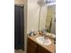 Bathroom includes a sink, mirror, and a shower with a blue patterned curtain at 8124 Claire Ann Dr # 303, Orlando, FL 32825