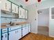 A well-lit kitchen, featuring a double sink, unique wallpaper, and access to the next room at 919 Timor Ave, Orlando, FL 32804
