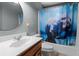Cozy bathroom with gray walls, an updated vanity, and unique underwater shower curtain at 1095 Grand Ave, Orange City, FL 32763