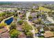 An aerial view showcasing a well-planned neighborhood with lush greenery, mature trees, and a serene pond at 2112 White Eagle St, Clermont, FL 34714