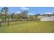 A spacious, grassy backyard is surrounded by a black metal fence offering views of a serene lake at 4009 Swan Goose Ct, Okahumpka, FL 34762