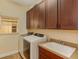 Functional laundry room with a sink, cabinets, and modern washer and dryer units at 3783 Moon Dancer Pl, St Cloud, FL 34772