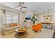Comfortable living space with stylish decor, a ceiling fan, and an adjacent dining area at 4895 Clock Tower Dr, Kissimmee, FL 34746