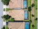 Aerial view of single-Gathering homes with brown roofs, lush lawns, and private screened-in swimming pools at 9023 Shadow Mountain St, Davenport, FL 33896