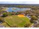 Aerial view showcases community amenities including a lake, athletic fields, and green spaces at 1704 Kersley Cir, Lake Mary, FL 32746