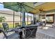 The covered patio features a ceiling fan, ample seating, and screen enclosure overlooking backyard at 2933 White Cedar Cir, Kissimmee, FL 34741