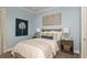 Comfortable bedroom with blue walls, neutral bedding, side tables, lamps, and decorative art at 4198 Barbuda Ln, Kissimmee, FL 34758