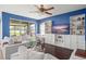 Cozy living room with a large TV, built-in shelving, and comfortable gray seating at 12824 Penshurst Ln, Windermere, FL 34786