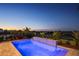 Backyard pool with water feature, surrounded by plants and landscaping, at twilight at 15847 Vetta Dr, Bella Collina, FL 34756