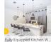 Modern kitchen boasts an oversized island with bar stools, stainless steel appliances, and pendant lighting at 218 Ocean Course Ave, Davenport, FL 33896