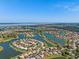 Panoramic aerial perspective highlighting waterfront homes in a well-planned community with lush greenery at 2541 Shoal Bass Way, Kissimmee, FL 34746