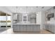 Open kitchen featuring gray cabinets, a large kitchen island, and a view of the backyard at 4203 Barbuda Ln, Kissimmee, FL 34758