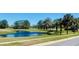 Scenic view of the golf course featuring a pond and lush greenery, with palm trees enhancing the landscape at 442 Flora Creek Ct, Lake Mary, FL 32746