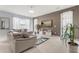 Comfortable living room featuring a modern sofa, stylish decor, and natural light from large windows at 14318 Fieldstone Lake Way, Orlando, FL 32824