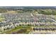 Aerial view of a residential community featuring modern homes, green spaces, and a serene pond, showcasing the neighborhood layout at 1575 Eucalyptus Way, Davenport, FL 33837