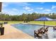 Large swimming pool featuring patio seating, an umbrella, and views of the yard and surrounding trees at 5500 State Road 33, Clermont, FL 34714