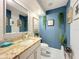 Stylish powder room featuring a granite countertop, blue accent wall, and modern fixtures at 117 Starling Ln, Longwood, FL 32779