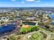 Breathtaking aerial view of the community, highlighting the baseball field, golf course, serene lake, and lush landscaping at 4721 Tara View Road, Leesburg, FL 34748