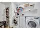 Functional laundry room equipped with modern appliances and ample storage shelving at 639 Mesilla Dr, Kissimmee, FL 34758