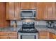 Modern kitchen featuring stainless steel appliances, granite countertops, and hardwood cabinetry at 1420 Prairie Oaks Dr, St Cloud, FL 34771