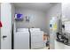 Practical laundry room with a washer, dryer, shelving for storage, and a water heater at 5273 Tunbridge Wells Ln # 1601, Orlando, FL 32812