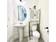 Cozy bathroom with stylish pedestal sink, matching toilet, and a small cabinet for storage at 760 Annabell Ridge Rd, Minneola, FL 34715