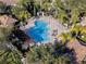 Aerial view of the community pool showing lounge chairs, tables, pergola, and surrounding landscaping at 6936 Hochad Dr, Orlando, FL 32819