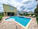 Backyard pool and patio with lounge chairs overlooking the pool and a beautiful blue sky at 7717 Graben St, Kissimmee, FL 34747