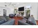 Relaxing living room featuring a fireplace, TV, shelving and leather sofas at 12820 Butler Bay Ct, Windermere, FL 34786