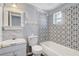 A bathroom featuring a vanity with a sink, toilet, and a shower/tub combo with unique decorative tile at 1707 Wilton Ave, Orlando, FL 32805