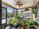 Screened patio filled with plants, decorative ceiling fan, and views of the backyard at 380 Morning Glory Dr, Lake Mary, FL 32746