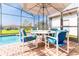 Outdoor pool with a screened lanai featuring blue striped seating and an umbrella covered table at 502 Summer Place Loop, Clermont, FL 34714