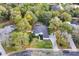 Aerial view of lushly landscaped property featuring a home with a screened pool, mature trees, and manicured lawn at 8176 Emerald Forest Ct, Sanford, FL 32771