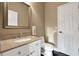 Powder bath featuring granite counters, white cabinetry, and a decorative framed mirror at 3334 Park Grove Ct, Longwood, FL 32779