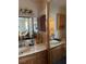 Bathroom featuring dual sinks, a large mirror, and wooden cabinets at 15683 Sw 46Th Cir, Ocala, FL 34473