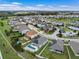 An aerial view of neighborhood homes that feature pools, solar panels, and well maintained landscaping at 1740 Standing Rock Cir, Oakland, FL 34787