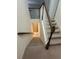 Carpeted staircase with white railings, offering a clean and modern look at 2403 Biscotto Cir, Davenport, FL 33897