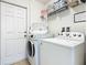 This laundry room features a washer, dryer, storage shelf and white walls at 601 Orange Cosmos Blvd, Davenport, FL 33837